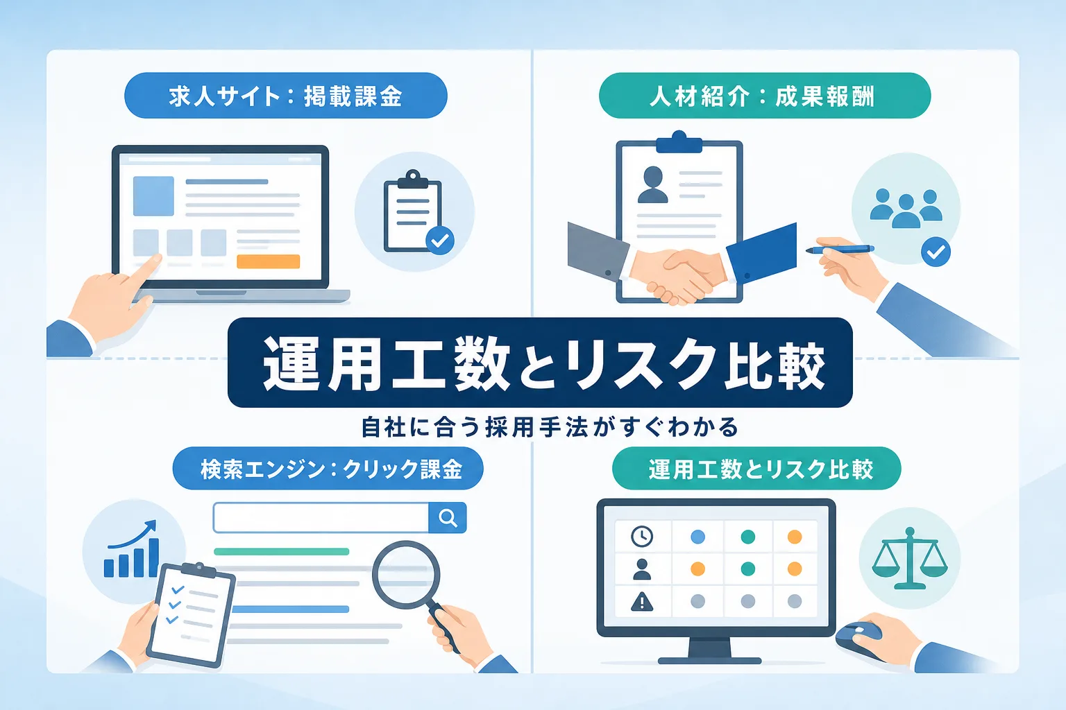 主要な中途採用手法である求人広告、人材紹介、検索エンジンの費用体系と特徴を一覧で整理した比較表イラスト