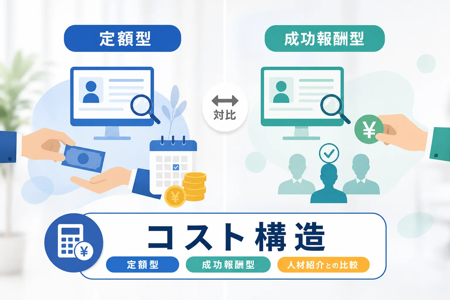 定額型と成功報酬型および人材紹介のコストや特徴をわかりやすく並べて整理した比較表のイラスト