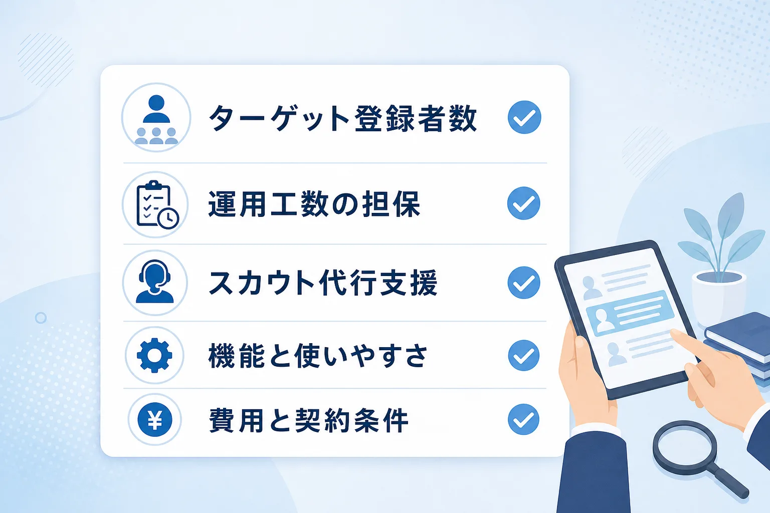 登録者数や運用支援オプションなど中小企業が確認すべき重要項目を並べたチェックリストのイラスト