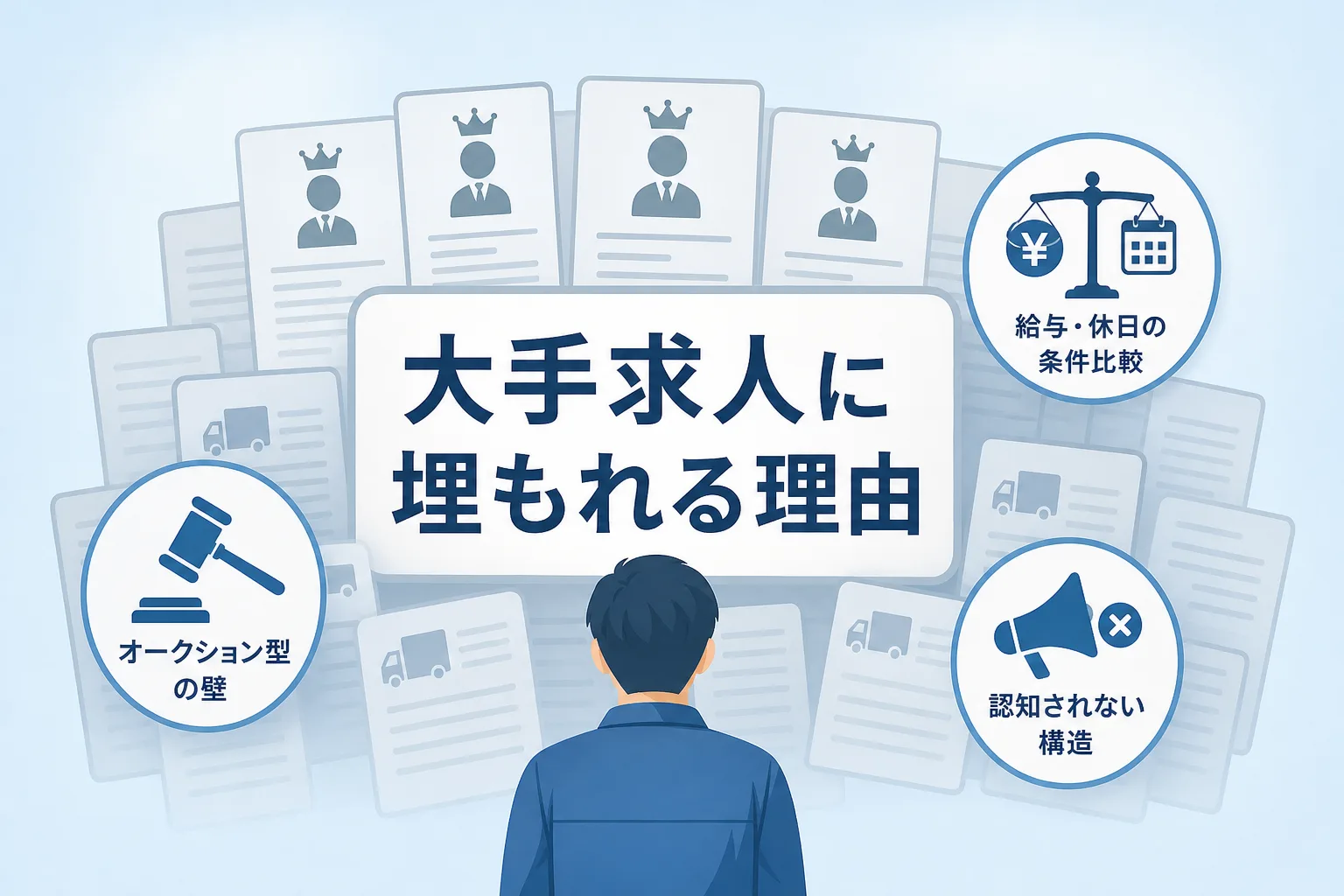 上位を独占する大手求人の下に埋もれてしまい求職者に届かない中小運送会社の状況を表現したインフォグラフィックイラスト