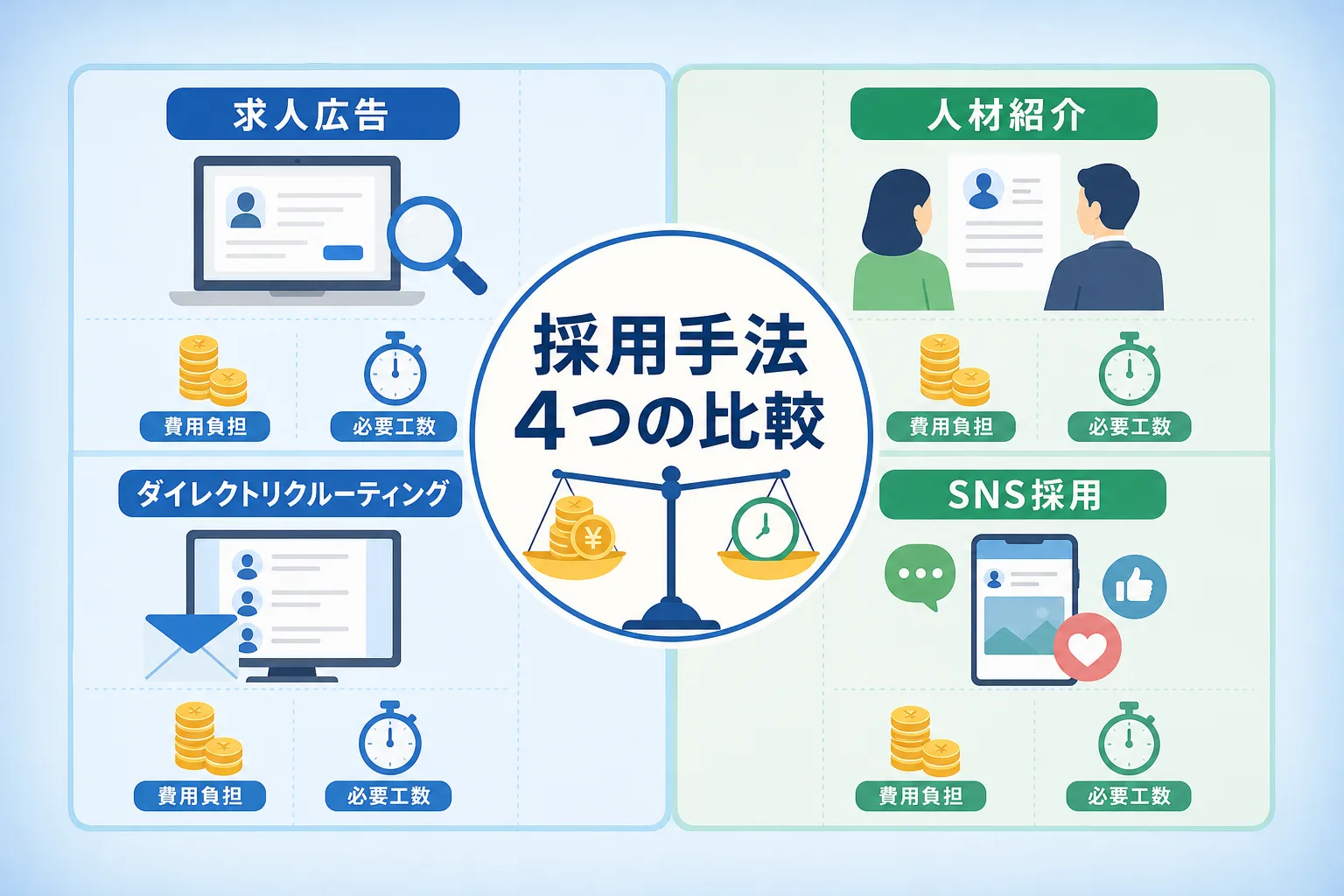 求人広告、人材紹介、ダイレクトリクルーティング、SNS採用の費用と工数を比較した図解イラスト