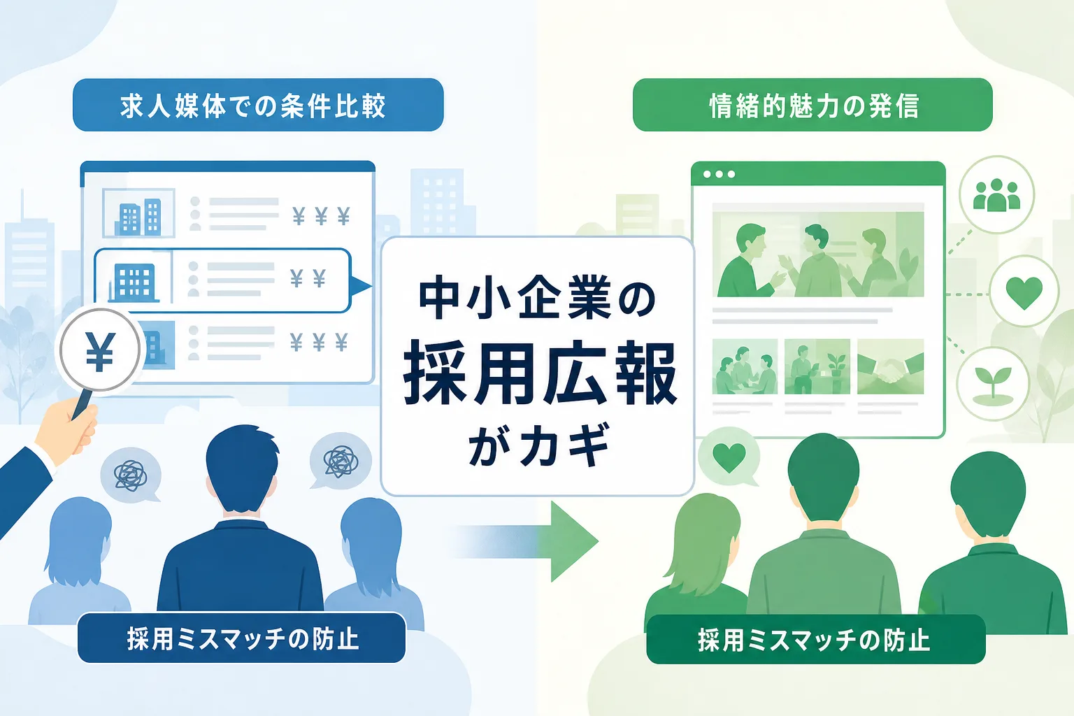 条件だけで比較される大手求人枠と、働く人の人柄やカルチャーで共感を生む採用広報を対比した図解イラスト