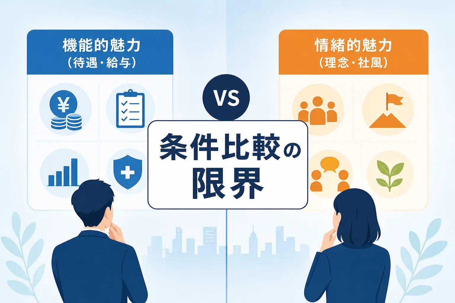大手との条件比較に陥る機能的魅力と共感を生む情緒的魅力の違いを比較した対比図のイラスト