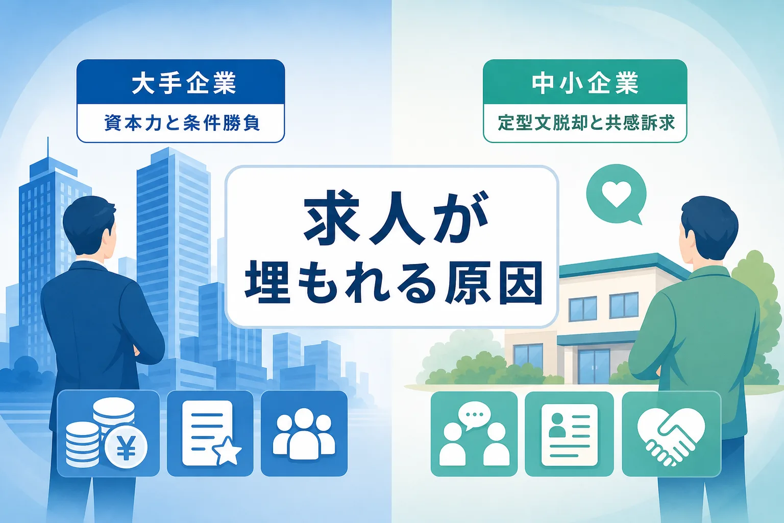 大手企業の高単価オークション型採用と中小企業の独自性訴求の戦い方を左右で比較したイラスト図解