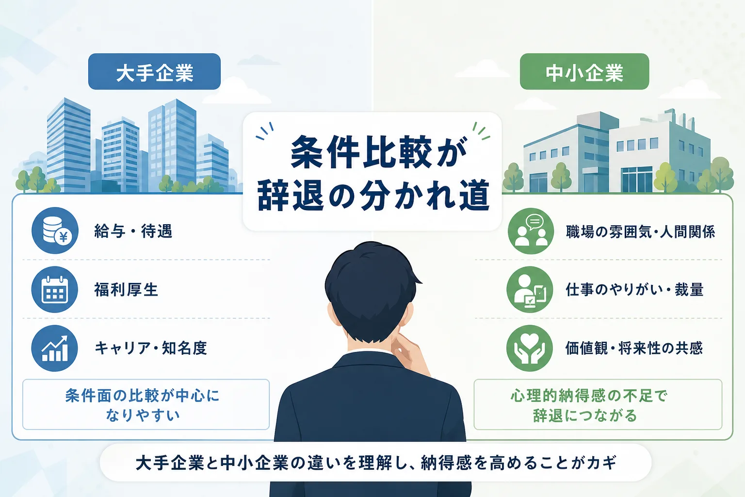大手企業と中小企業の比較軸として給与などの待遇面と職場の実態や共感度が並んで整理されたイラスト図解。