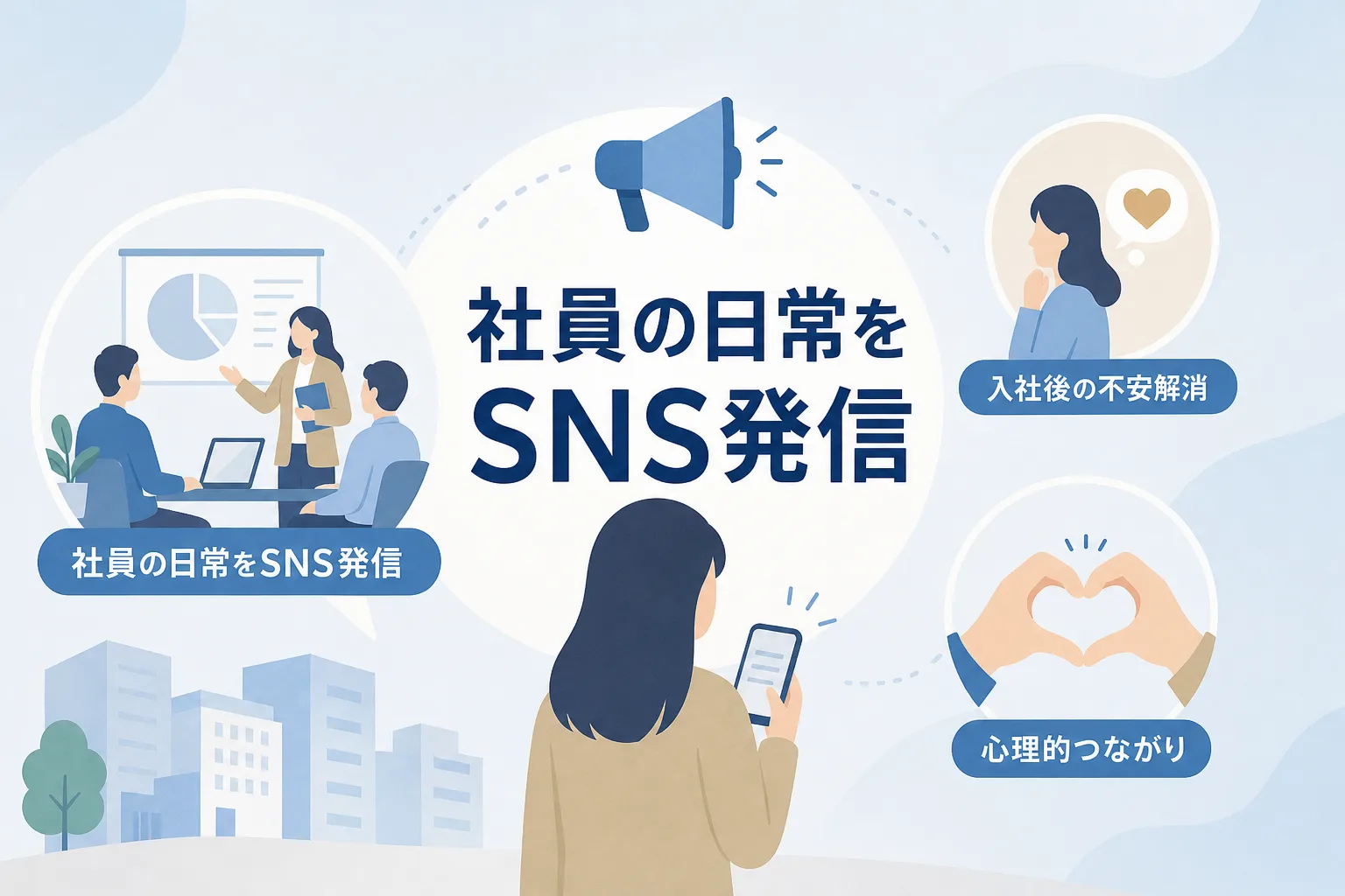 スマートフォンから社員の働く姿やオフィスの日常が発信され、求職者が安心感を得ている様子のイラスト。