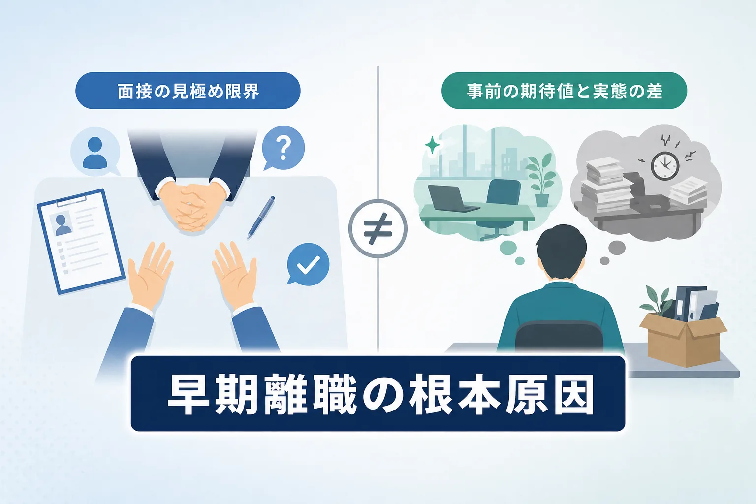 面接時の取り繕った印象と入社後の現場の実態のギャップを対比して示した解説イラスト