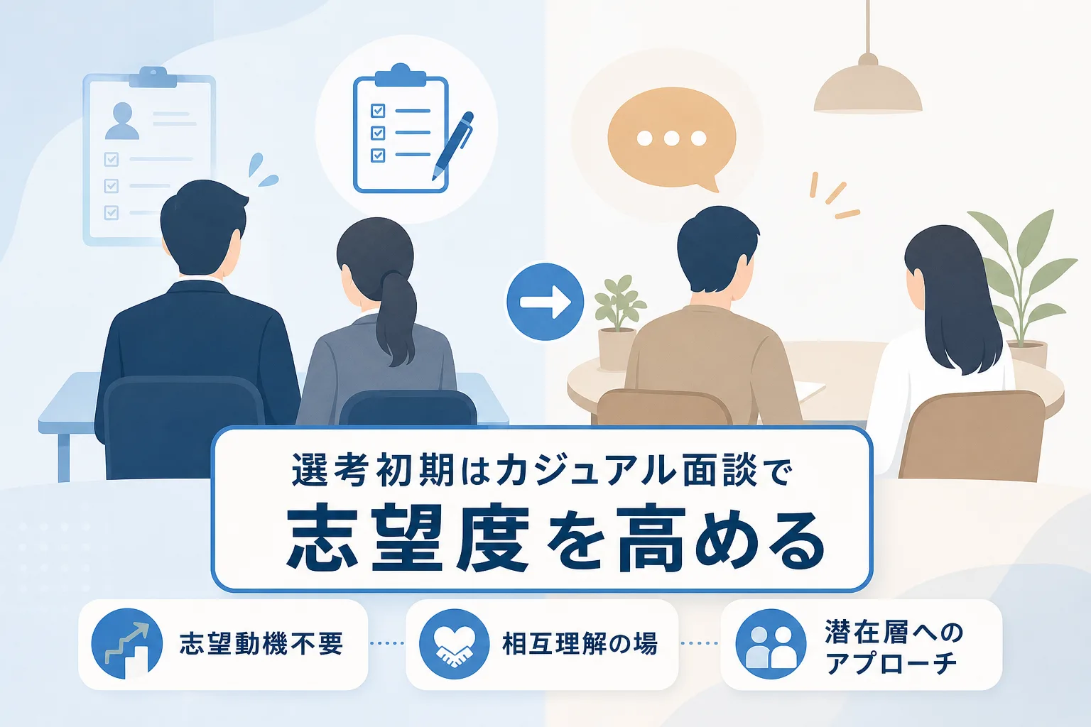 通常の書類選考型面接とカジュアル面談の特徴や心理的ハードルの違いを対比した比較表のイラスト