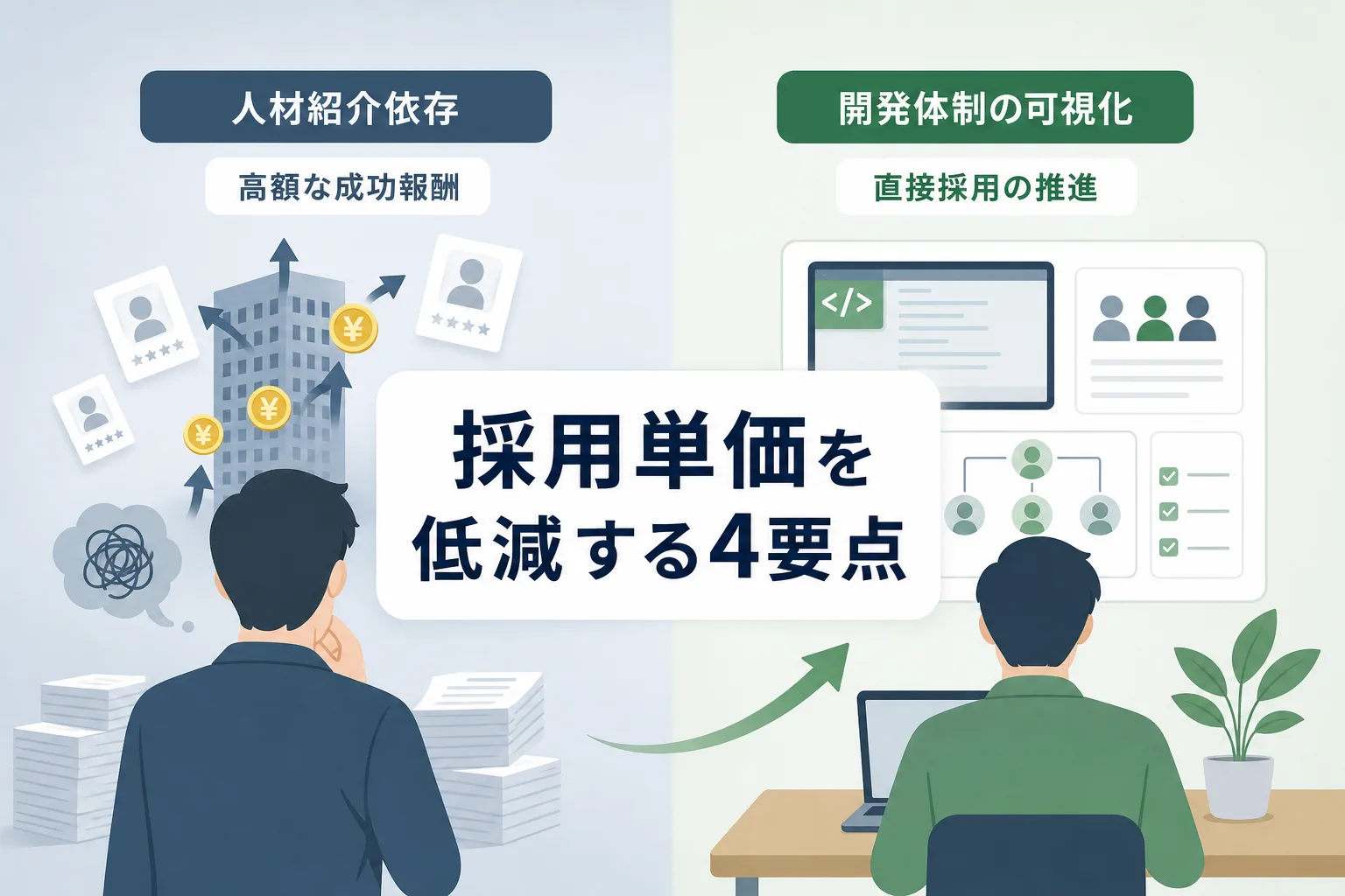 エージェント経由と自社発信による採用コスト構造の違いを左右で比較した表のイラスト