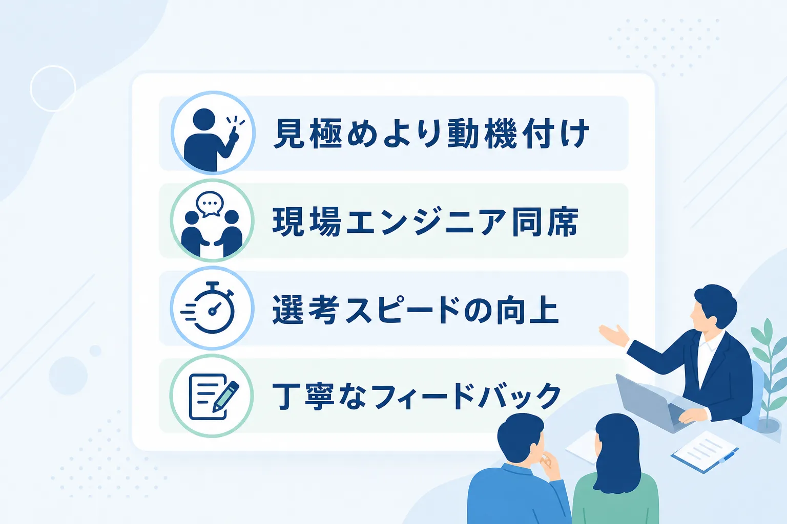 面接体験の質を高めるための重要なポイントがアイコンとチェックリスト形式で並ぶイラスト