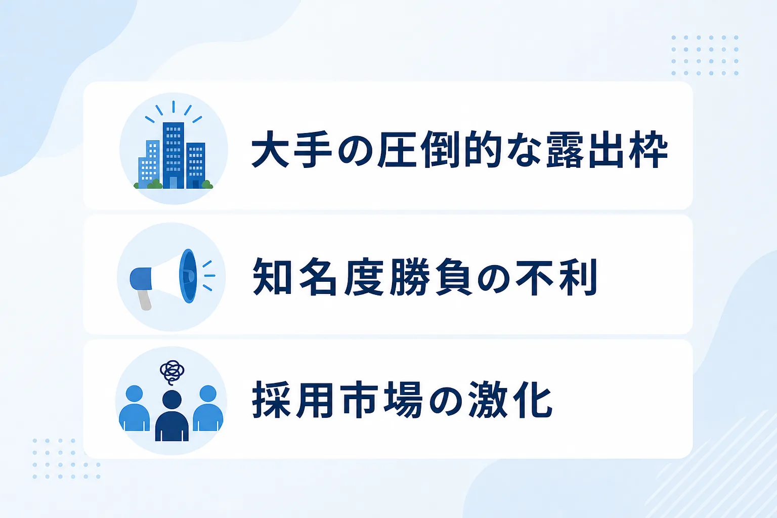求人媒体で中小企業が直面する3つの課題がアイコン付きの箇条書きで並ぶイラスト