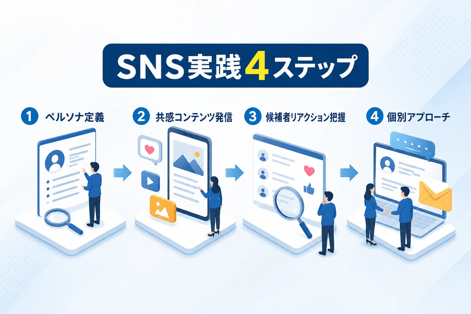 営業採用を成功へ導くSNS運用の4つの手順が左から右へ矢印で繋がれた図解イラスト