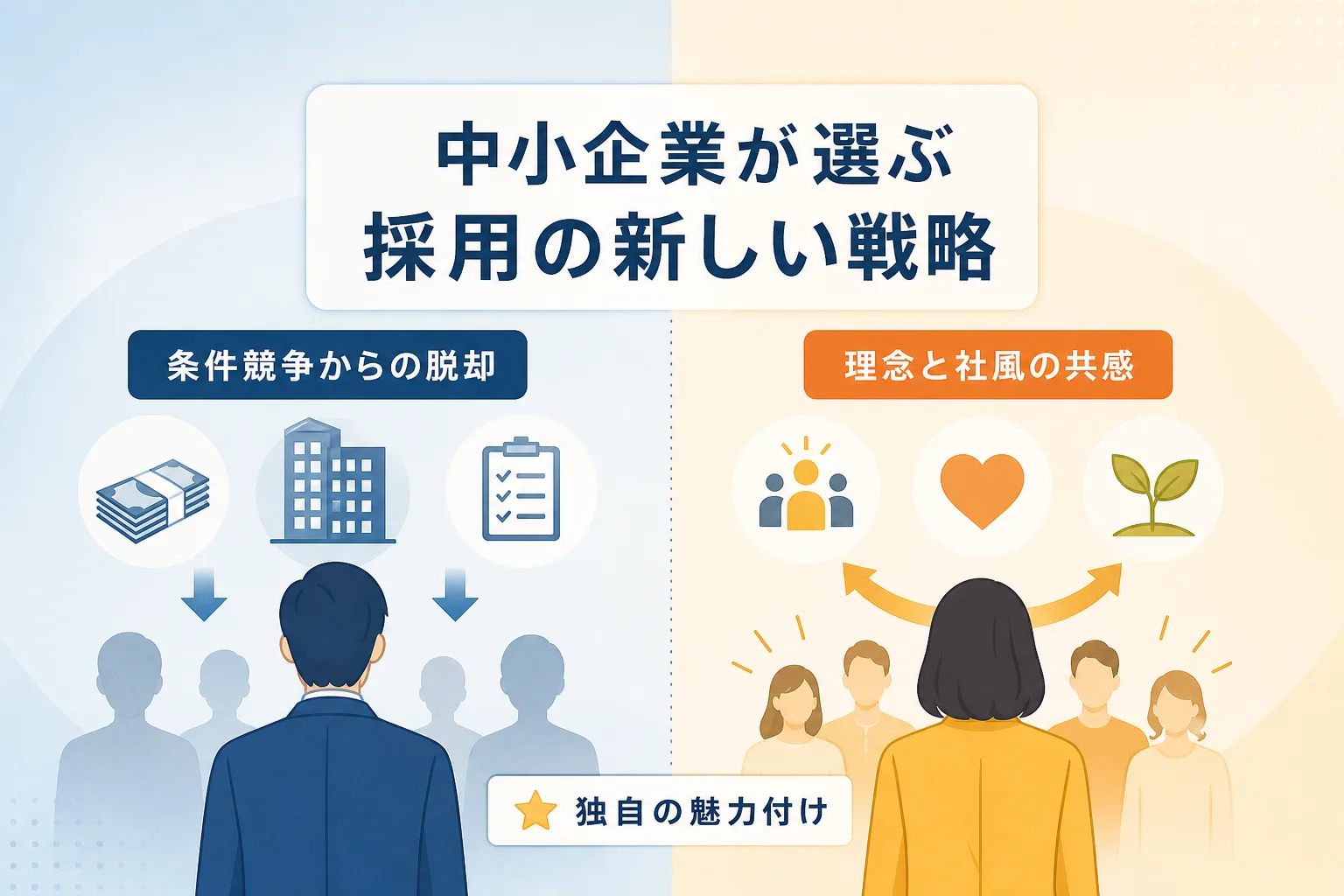 待遇で競うオークション型採用と理念で選ばれる共感型採用の違いを対比して整理したインフォグラフィック