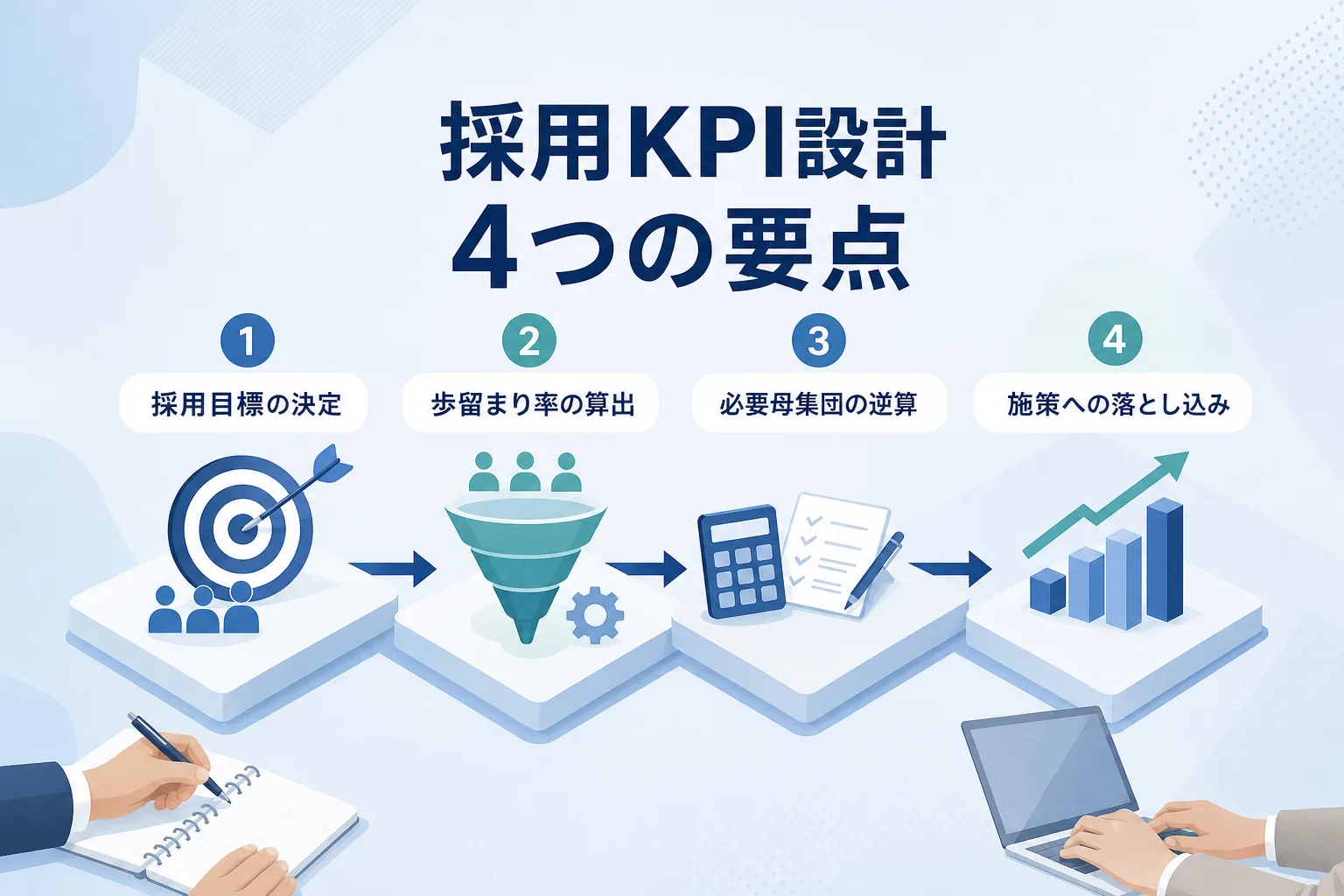 ゴールである採用人数から矢印で各選考ステップを逆算していく流れを描いたプロセスのイラスト