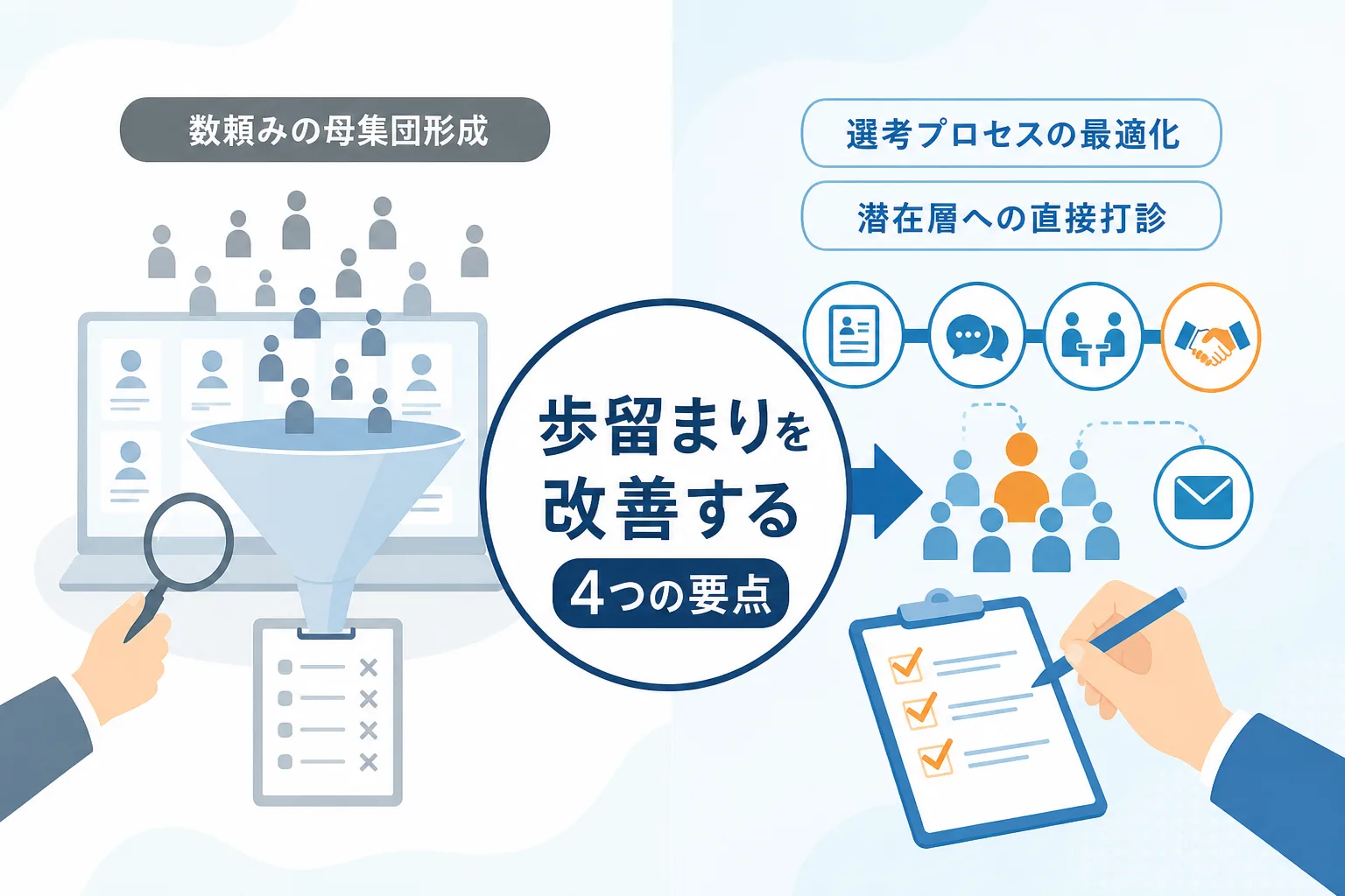 従来の採用課題と歩留まり改善策が左右で比較対比されたインフォグラフィック風のイラスト