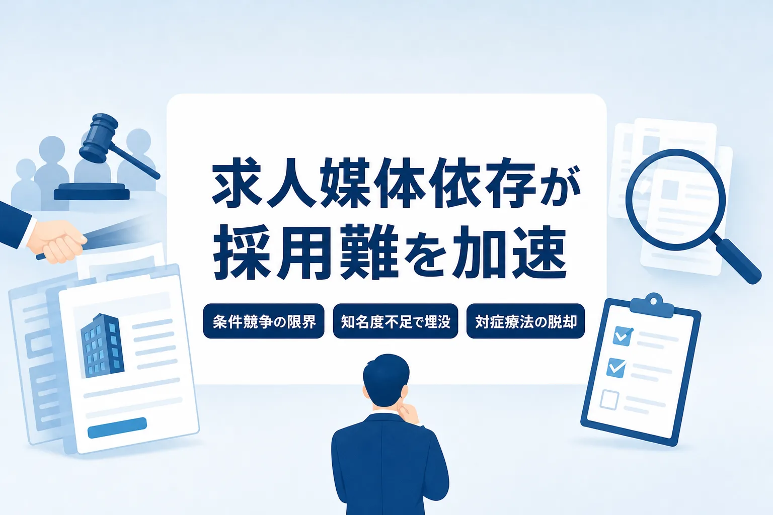 大手との条件競争で求人が埋もれる課題を短いキーワードと人物イラストで表した図解
