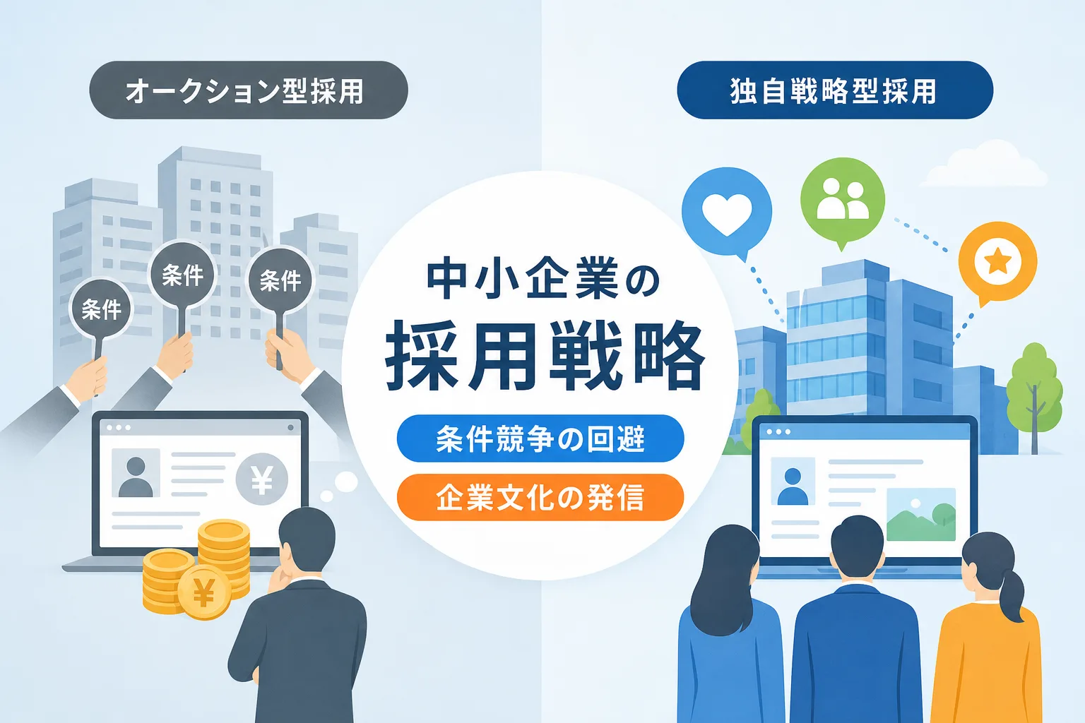 オークション型採用と独自戦略型採用の特徴を左右で比較した分かりやすいイラスト図解