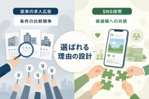 求人広告での条件比較とSNSによる共感獲得の違いを対比して整理した比較イラスト図