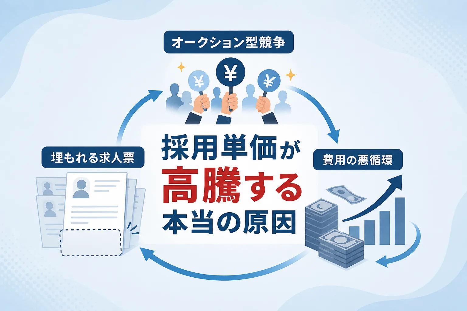 大手との広告競争で中小の求人が埋もれ費用が高騰する構図を示した解説イラスト